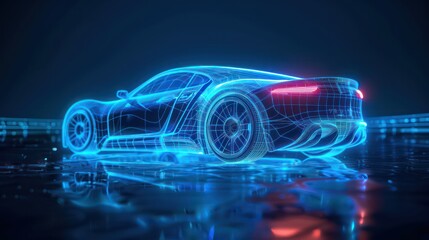 blue neon light car, dark blue background