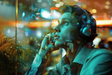 telemarketing agent in a busy office, interacting on a headset, surrounded by advanced telemarketing tools