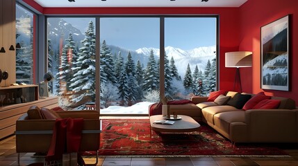 a modern living room with winter outside, red wall and brown furniture, coffee table, lamp on the sideboard