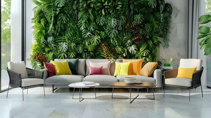 A realistic living room interior with white tiles on the floor, a grey sofa and colorful pillows, an armchair, a coffee table, a green plant wall behind it,