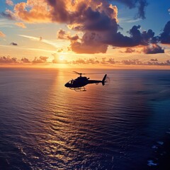 luxury helicopter flying at sunset