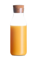 Glass bottle with orange juice on white background