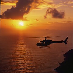 luxury helicopter flying at sunset