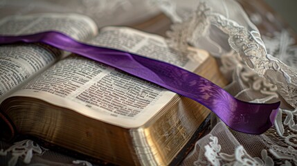 Open Bible and purple ribbon, the concept of Ash Wednesday.