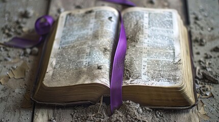 Open Bible book with a purple ribbon, dust, and ashes on the wooden floor.