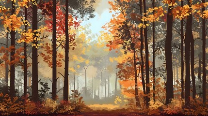 A serene autumn forest scene with tall trees and leaves in various shades of gold, brown, orange, and red