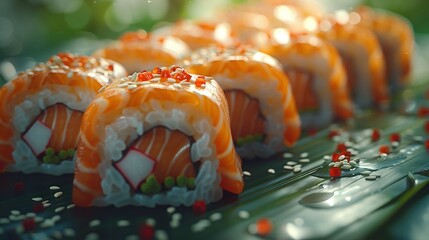   A row of sushi rolls atop a red-white sprinkled metal tray