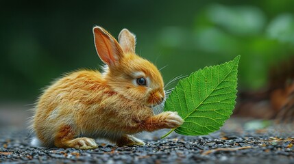 Fototapeta premium A small rabbit cradling a verdant leaf in its jaws and contemplating the image of itself mirrored within them