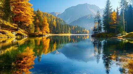 A serene mountain landscape with the reflection of autumn foliage in still water, including yellow and green trees around it