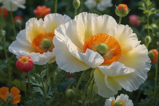 Close-up view of vibrant Matilija poppy flowers against a lush green garden