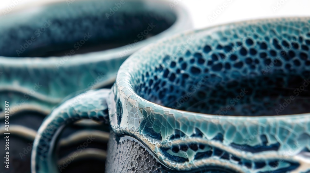 Poster a set of mugs with a textured crackle glaze effect in shades of teal and navy blue resembling the te