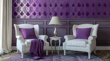 A stylish living room interior with two armchairs, geometric patterns on the wall and purple accents, a table lamp in front of them