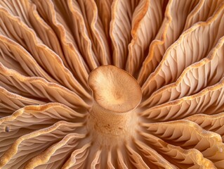 Macro close-up of the gill structure of a mushroom, showcasing intricate details and patterns.
