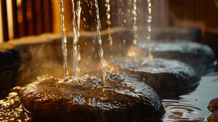 A person pouring water onto hot rocks in a sauna creating a humid and healing environment for migraine sufferers..