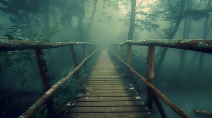 A wooden bridge leading through the misty forest, symbolizing journey and hope in a fantasy world.