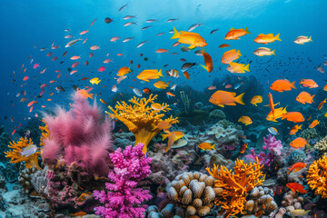 Naklejka na ściany i meble Underwater coral reef scene with diverse marine life, vibrant and detailed