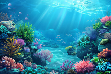 Underwater coral reef scene with diverse marine life, vibrant and detailed