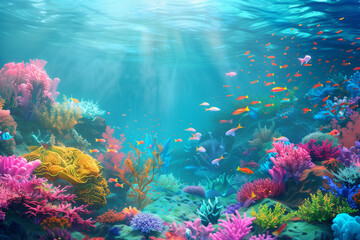 Underwater coral reef scene with diverse marine life, vibrant and detailed