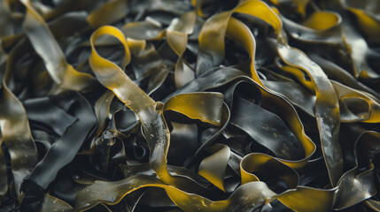 Fototapeta premium Dark, glossy seaweed showcasing its tangled, ribbon-like texture, with varying shades of brown and green.