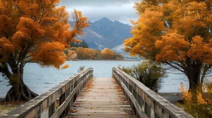 A wooden bridge leads to the water of a lake in New Zealand with orange trees on both sides - Powered by Adobe