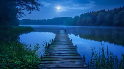 A wooden dock leads into the moonlit lake, surrounded by lush greenery and reflecting on the calm waters