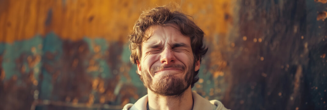 Young man outdoors against a rusted metal background, scrunching his face in a comical expression of mock distress.