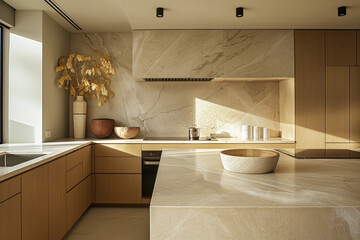 Elegant Minimalist Kitchen in Vancouver Condo with Streamlined Cabinetry and Earth Tones, Illuminated by Soft Morning Light
