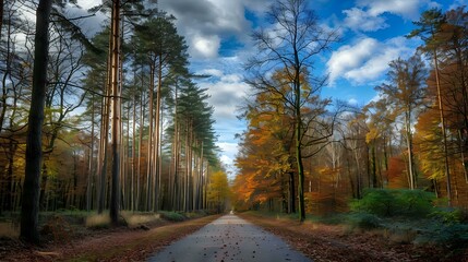 an autumn forest with tall trees and leaves in various shades, with a road running through it. The sky is blue with white clouds