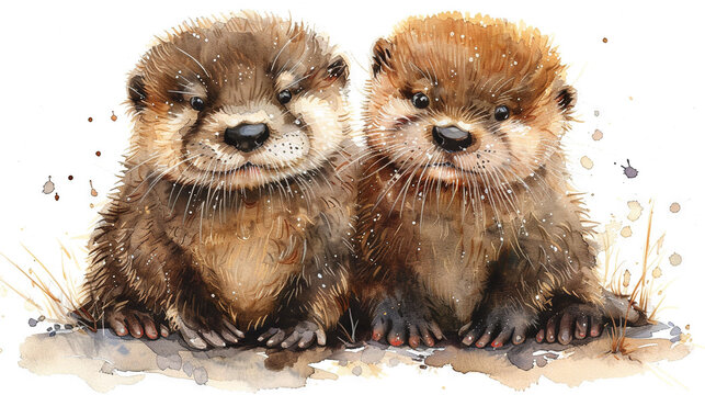   A pair of otters perched on a snowy terrain with a white backdrop