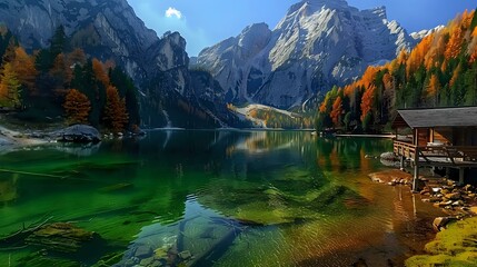 Beautiful lake in the Dolomites, green water and mountain peaks with autumn colors,