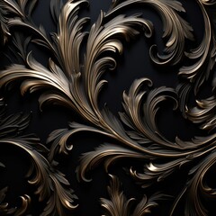 baroque floral pattern, metal style, black background baroque leafs