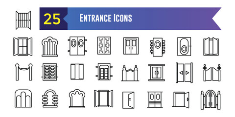 Entrance icons set. Outline set of entrance vector icons for ui design. Outline icon collection. Editable stroke.