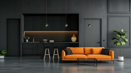 Black and white modern living room with orange sofa, kitchen bar table and door on gray background - Powered by Adobe
