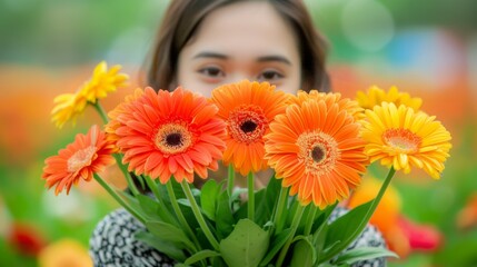 Fototapeta premium Asian woman welcoming with beautiful daisy flowers.