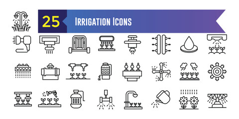 Irrigation system icons set. Outline set of irrigation system vector icons for ui design. Outline icon collection. Editable stroke.