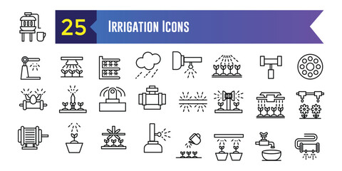 Irrigation system icons set. Outline set of irrigation system vector icons for ui design. Outline icon collection. Editable stroke.