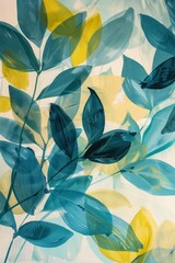 blue yellow leaves are painted on a white canvas