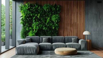 Ecofriendly living room interior with green plants on the wall, grey sofa and wooden accent paneling, natural light from large windows