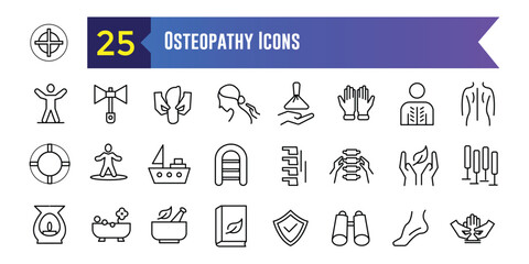 Osteopathy icons set. Outline set of osteopathy vector icons for ui design. Outline icon collection. Editable stroke.