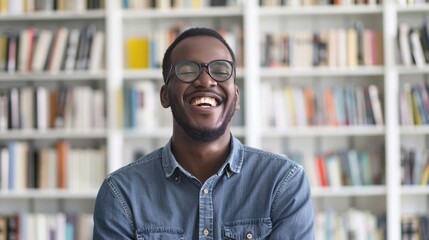 Fototapeta premium African Black Man in Glasses Laugh with in Library Office Home - Businessman Male Have Fun at Workplace 