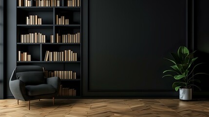 Minimalist interior design of modern living room with armchair, wooden floor and book shelf against black wall mock up with copy space area for text