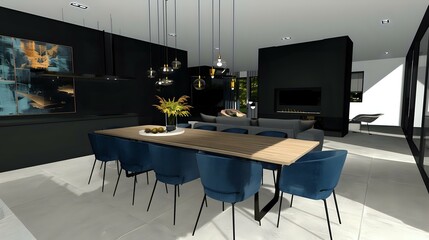 Modern dining room with a long table and blue chairs, black walls and a white floor, a light gray sofa in the corner of the living space,