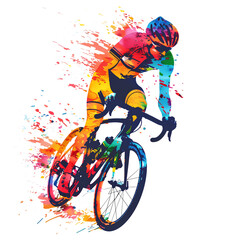 Vibrant Watercolor Cyclist Racing in Action on White Background