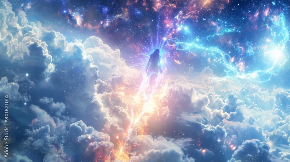 Poster a celestial being floating above a vast universe their hands gracefully maneuvering the threads of s