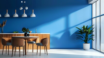 Modern interior design of the dining room with a blue wall, a round table and chairs in a brown...