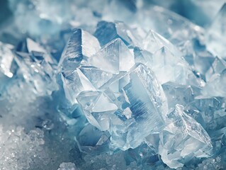 Close-up view of intricate blue ice crystals with detailed textures.