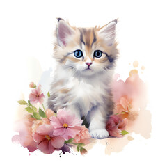 水彩で描いた仔猫と花