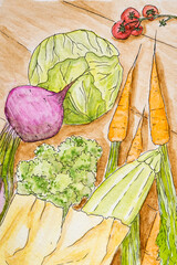 Colorful vegetables in a brown paper shopping bag on a wooden table, hand-drawn. Various vegetables on the table made of dark wood watercolor drawing. Raw vegetables from the store.