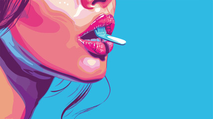 Young woman using tongue scraper on blue background  - obrazy, fototapety, plakaty