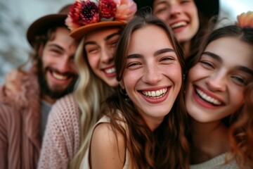 Group of friends in hats and scarves laughing and looking at camera